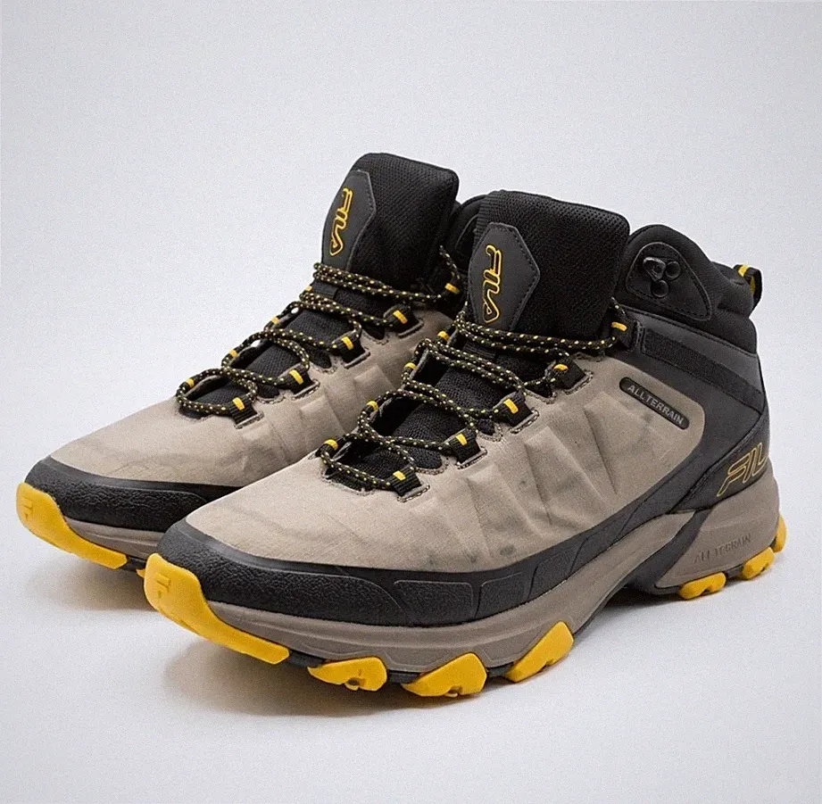 FILA All Terrain Hiking Boots Men's 13 Taupe Black Yellow Trail Shoes 1JM01570