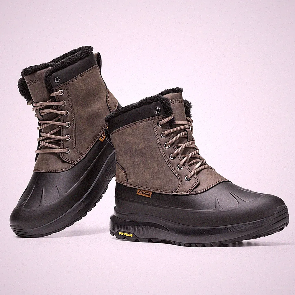 FitVille Men Winter Boots Waterproof Warm Fur Snow Boots Outdoor Hiking Mid Calf