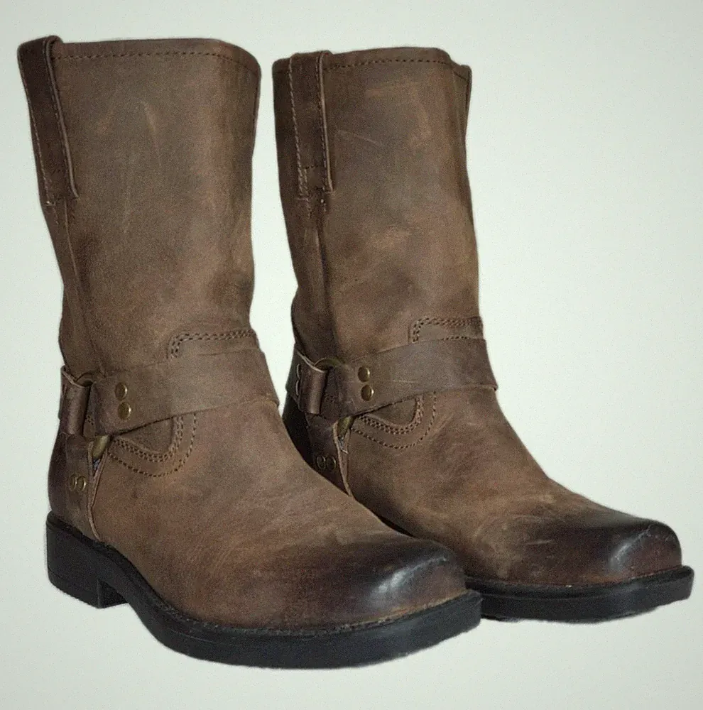 FRYE Harness Pull On Boots Brown Leather Square Toe 97202 Biker Moto Boys US 2.5