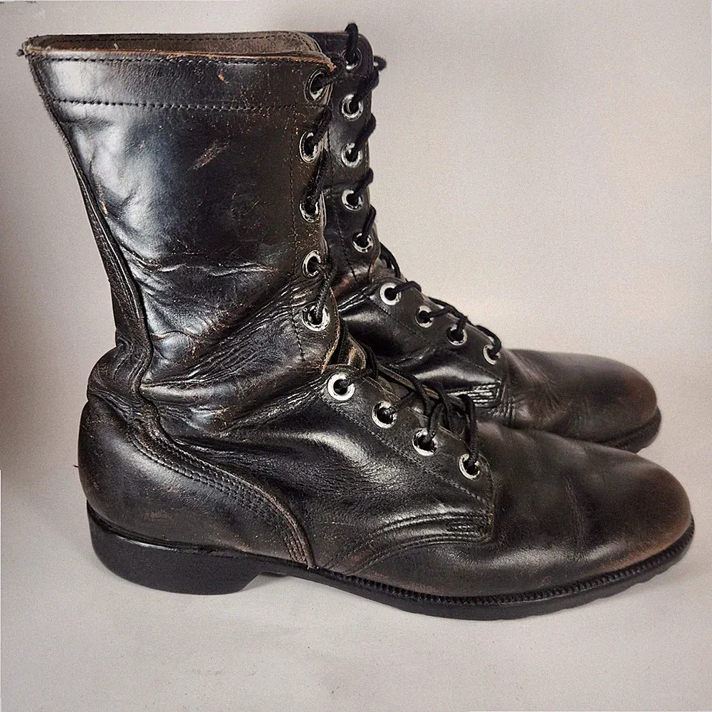 GENESCO Men's Combat Boots Size 8.5 Wide Black Vintage 70s Leather Lace Up Shoe