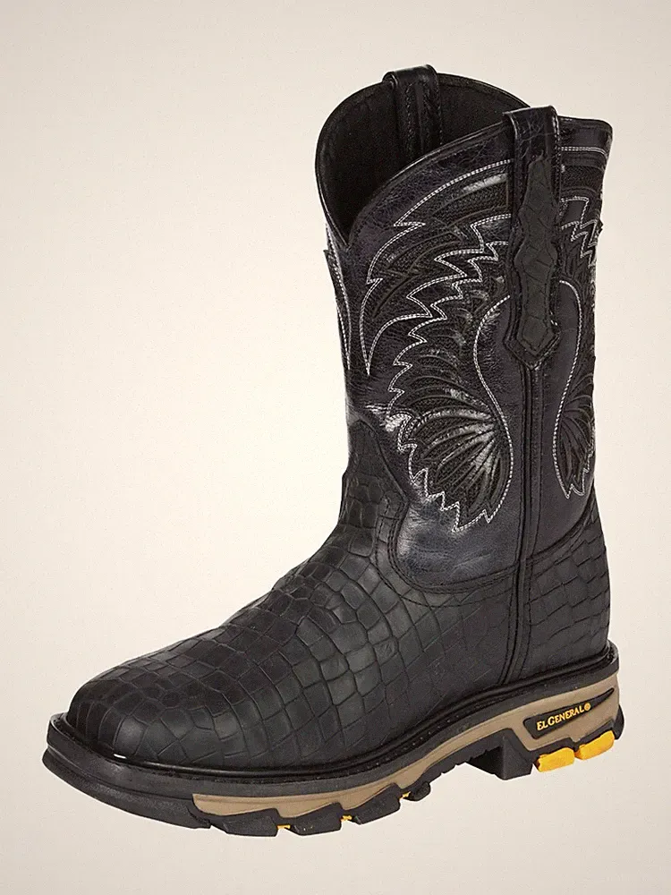 Genuine Leather Exotic Alligator Print Square Toe Western Work Boots - Black