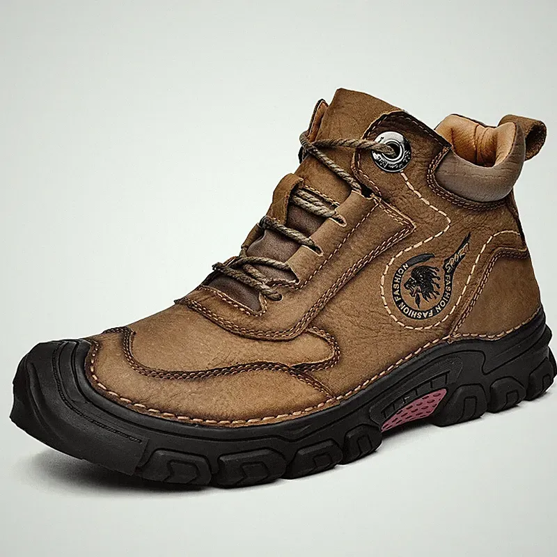 Genuine Leather Mens Walking Shoes High Top Winter Outdoor Non-slip Hiking Boots