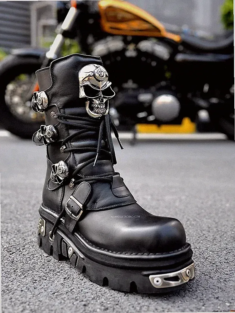Genuine Leather Motorcycle Boots Unisex Silver Skull Punk Metallic Buckle Shoes