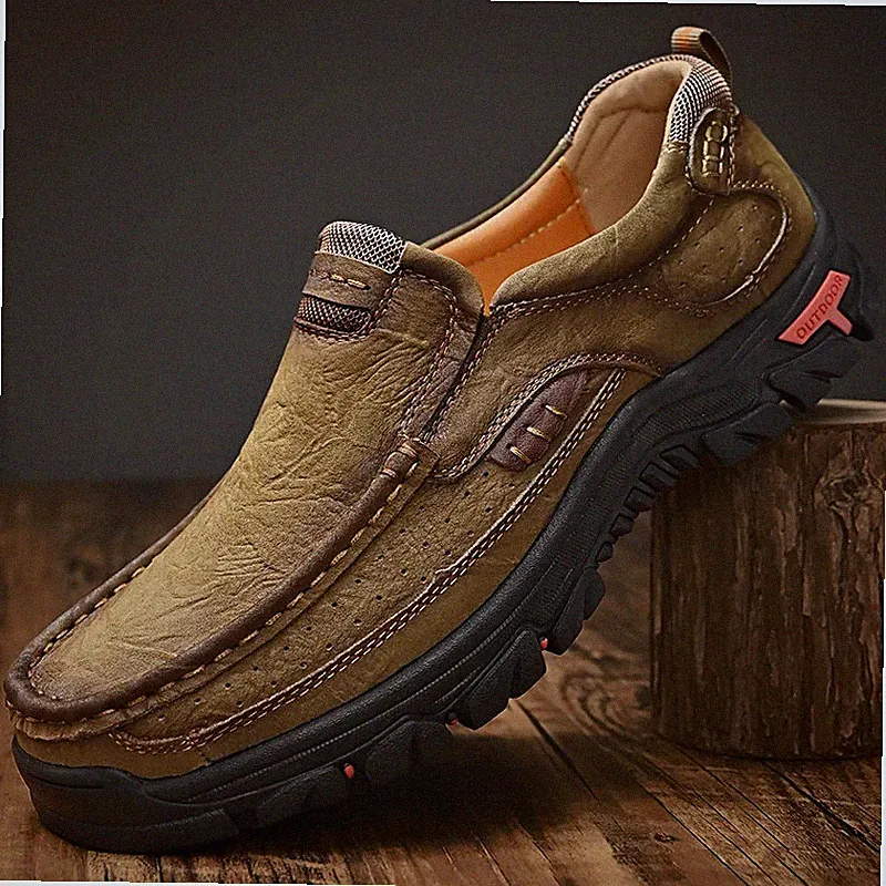 Genuine Leather Slip On Shoes Men Cow Leather Outdoor Hiking Trekking Boots