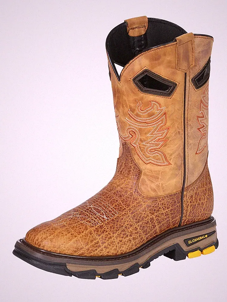 Genuine Leather Square Toe Exotic Elephant Print Western Work Boots - Honey