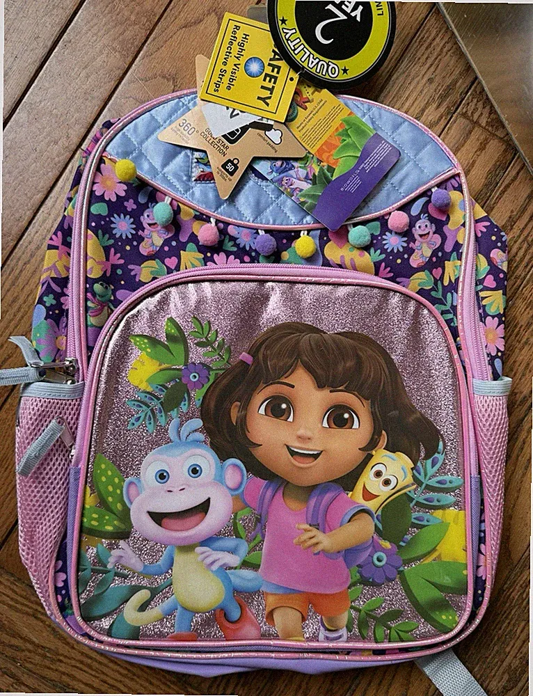 Girls Dora the Explorer Small Backpack Pink/Purple Glitter Pom Pom Bottle Pocket