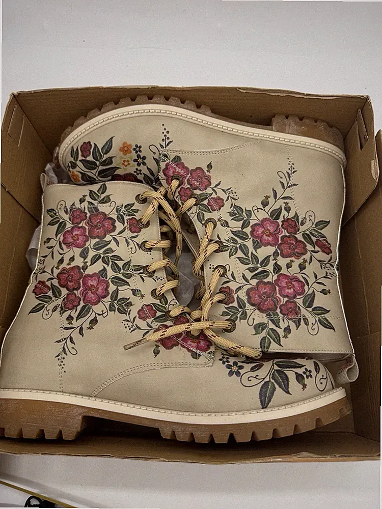 Goby Boots TMB1046 Beige Tan Floral Art Combat Sz 38 EU 7.5 USA