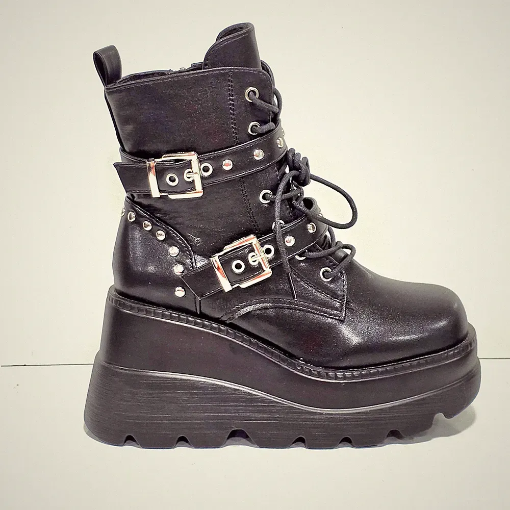 Gothic Style Platform Cosplay Women Midcalf Boots Wedges Comfy Motorcycle 7.5 US