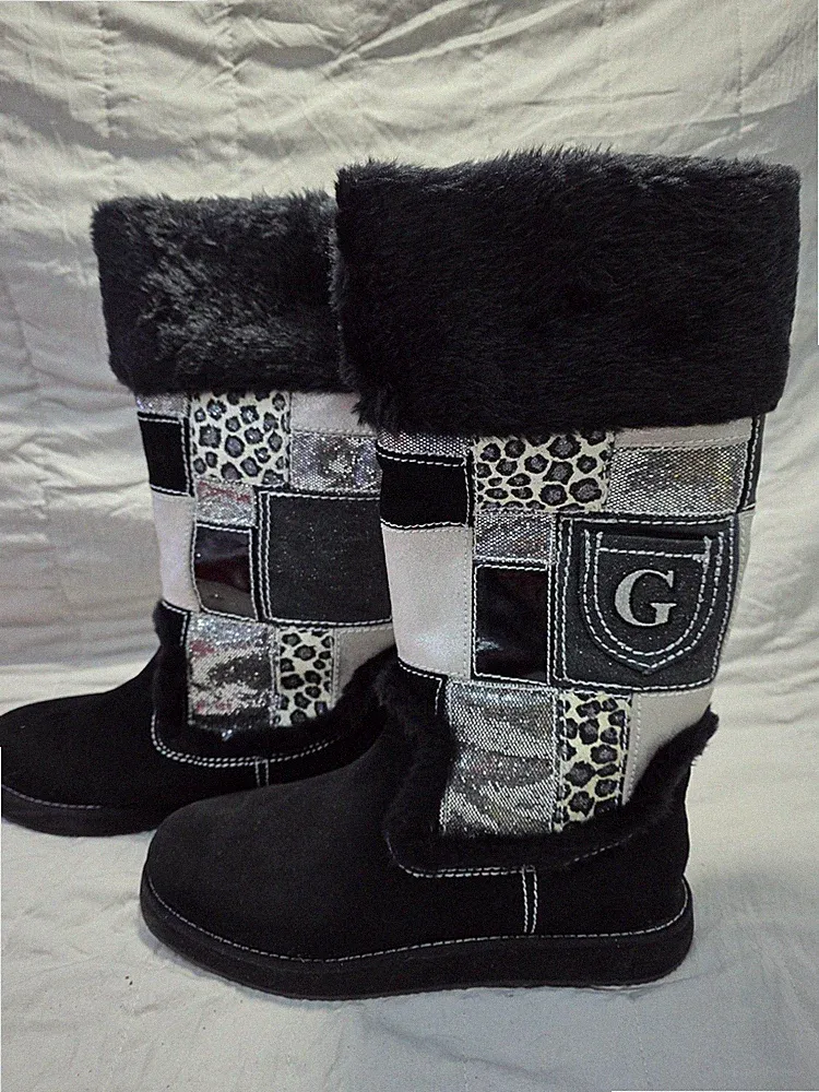 GUESS Harmonie Mid-Calf Snow Boots Black Multi Suede Fur Trim Women US 8.5