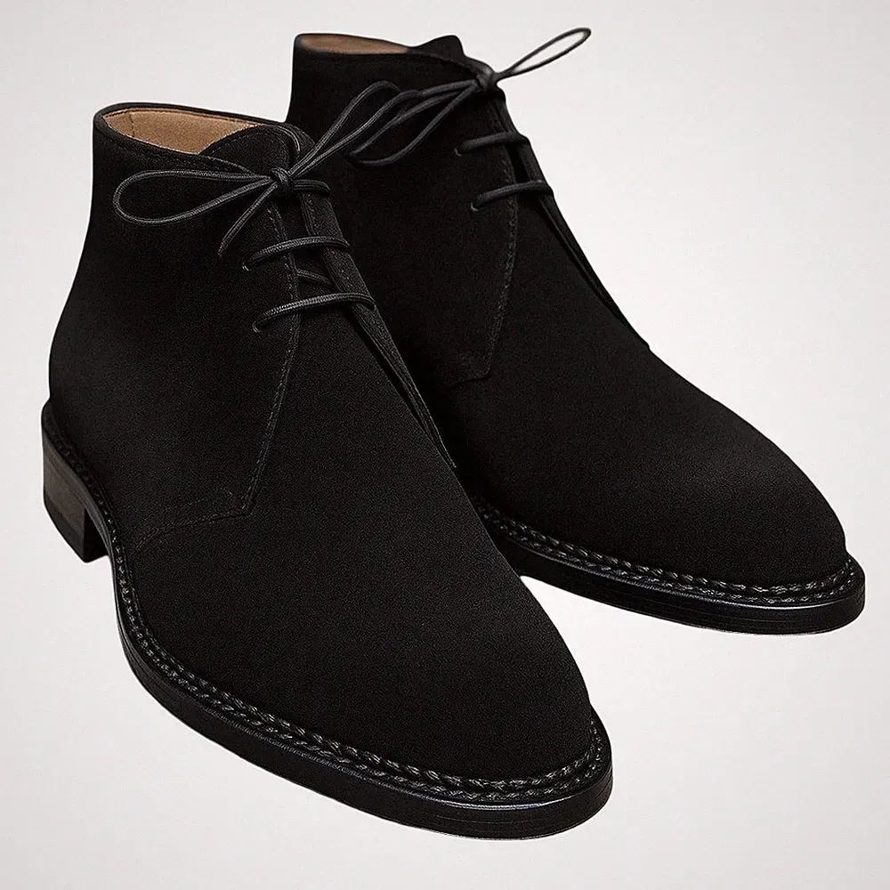 Handmade Black Suede Leather Chukka Office Dress Lace Up Formal Boots For Men