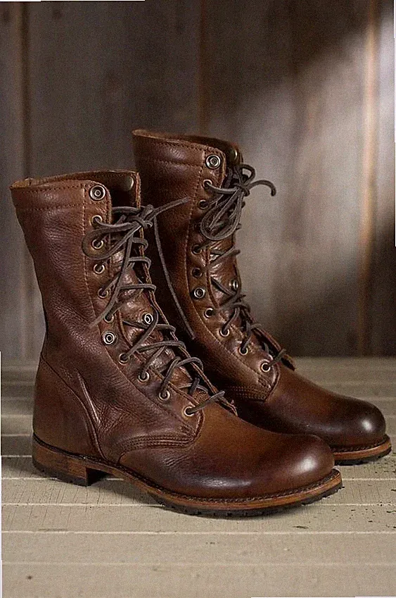 Handmade Brown Genuine Leather High Ankle Formal Military Combat Boots For Men
