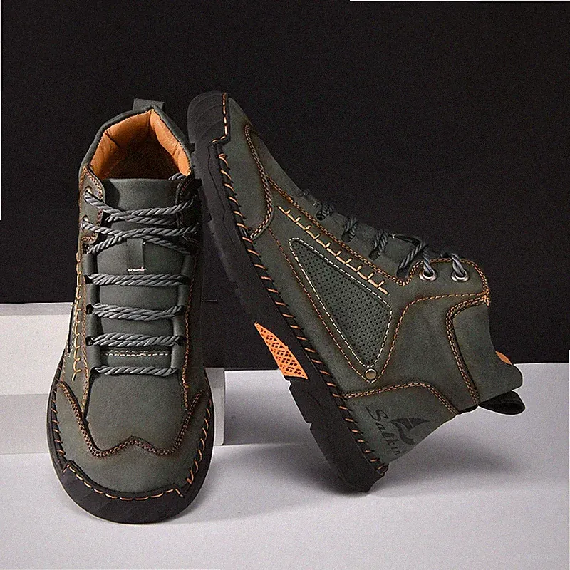 Handmade Leather Ankle Boots Men's Casual Non Slip Outdoor Hiking Trekking Shoes