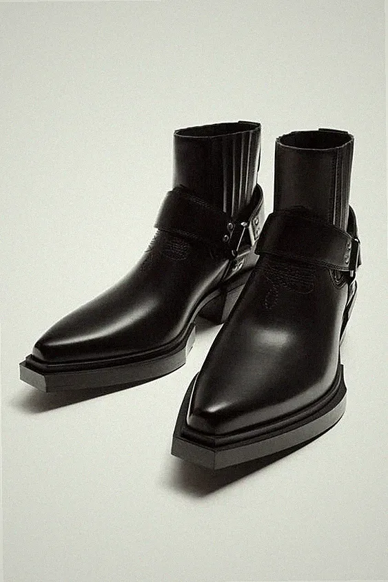 Handmade Men Black Leather Boots Chunky Sole Pointed Toe Wide Heel Dress Shoes