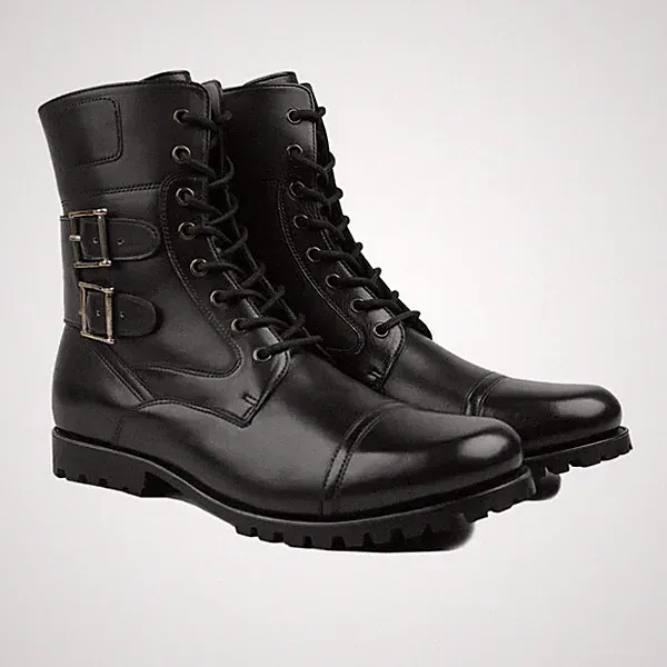 Handmade Men Black Leather High Ankle Strap Lace Up Military Boots, Hiking Boots