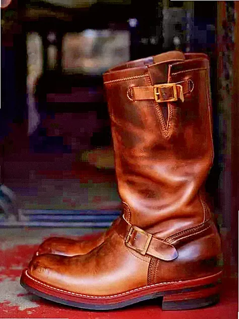 Handmade men brown biker Buckle boots, Combat zipper motorcycle boots for men's