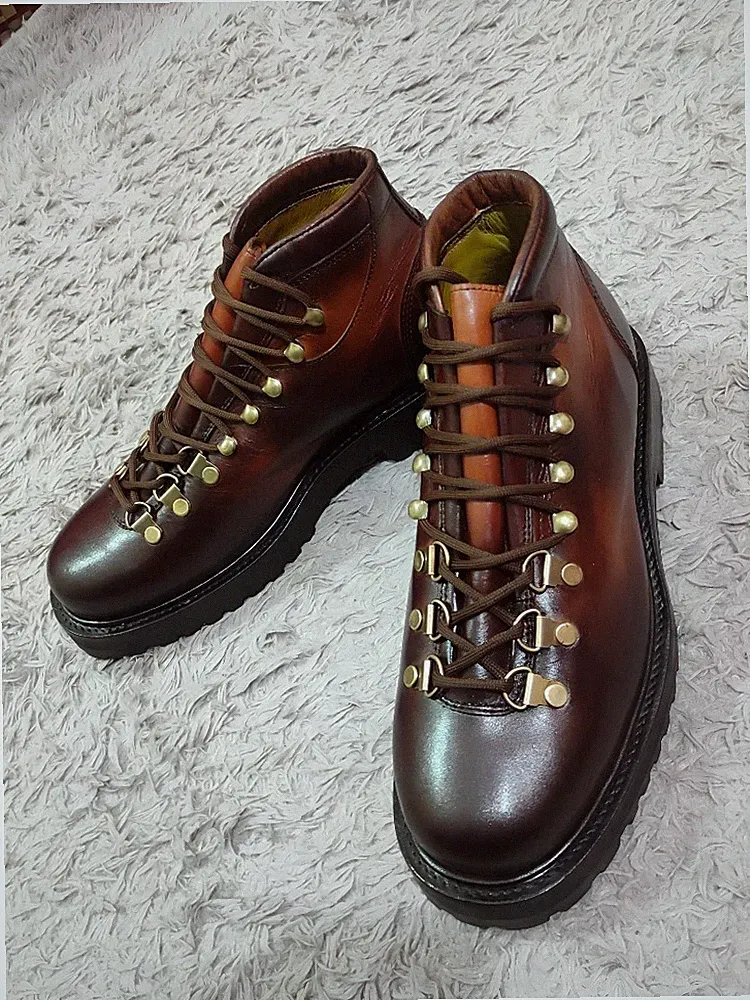 Handmade Men Brown Leather Hiking Boots Mens Formal Round Toe Boots Lace-Up Shoe