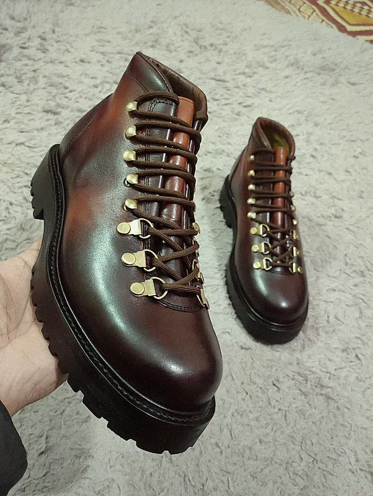 Handmade Mens Brown Leather Lace Up Dual Tone Unique Sole Hooked Hiking Boots