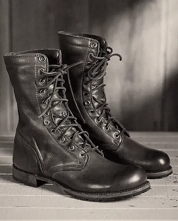 Handmade Military Combat Boots Original Black Leather High Ankle Lace Up Shoes