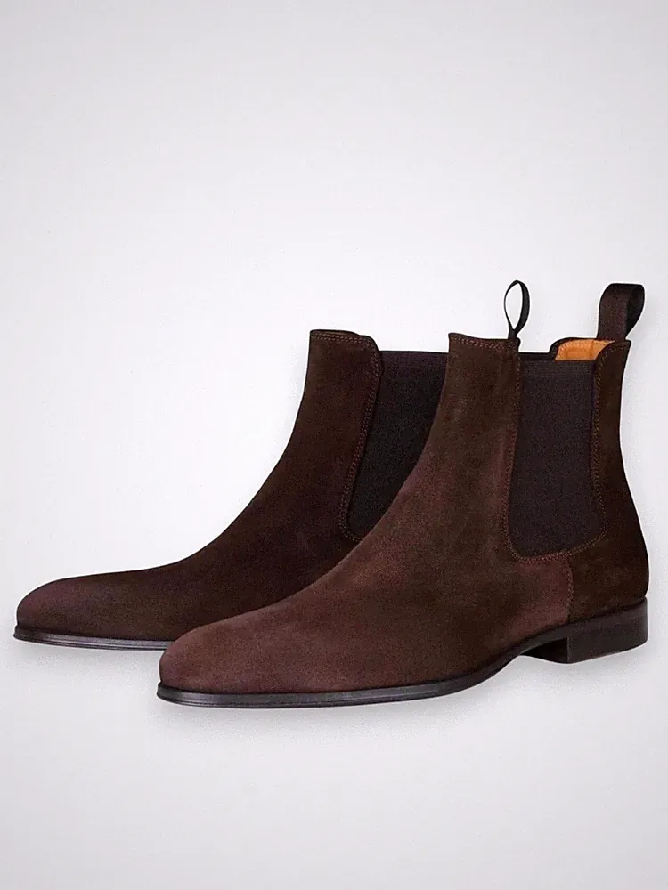 Handmade Suede Chelsea Brown Pull On Office Dress Formal Wedding Boots For Men