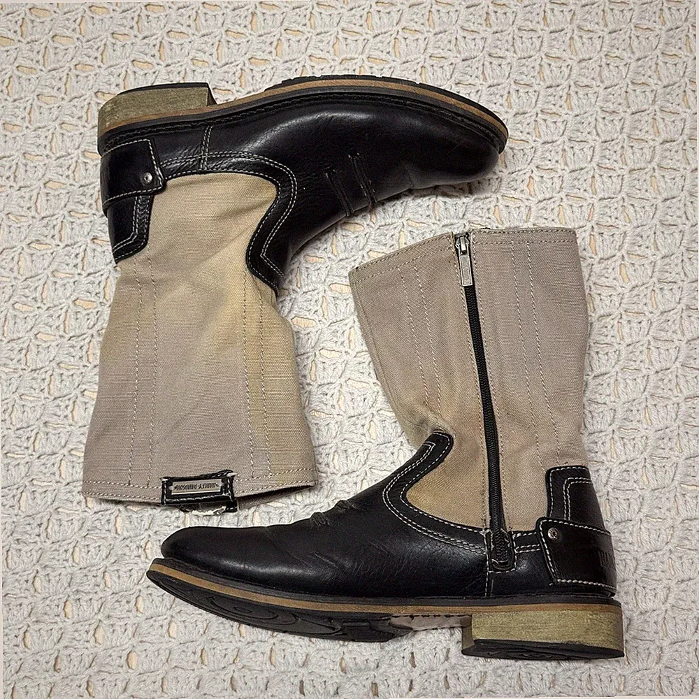 harley davidson boots mens size 8 Black Beige Canvas Leather Motorcycle Shoes