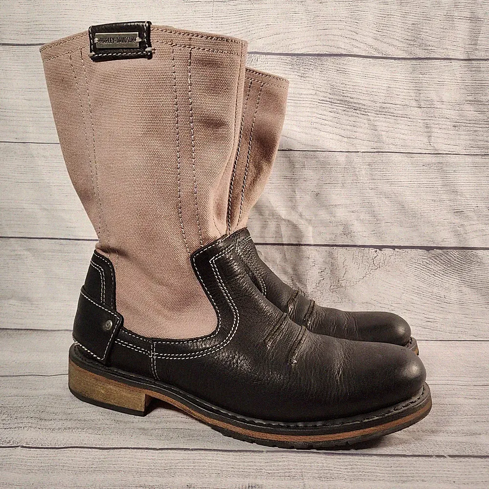 Harley-Davidson Men's Size 9.5 95346 Black Leather Tan Canvas Motorcycle Boots