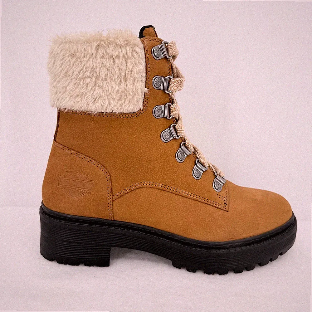 Harley-Davidson Women's Anderdon Tan Leather Combat Boots 6.5 M Faux Fur NWOB