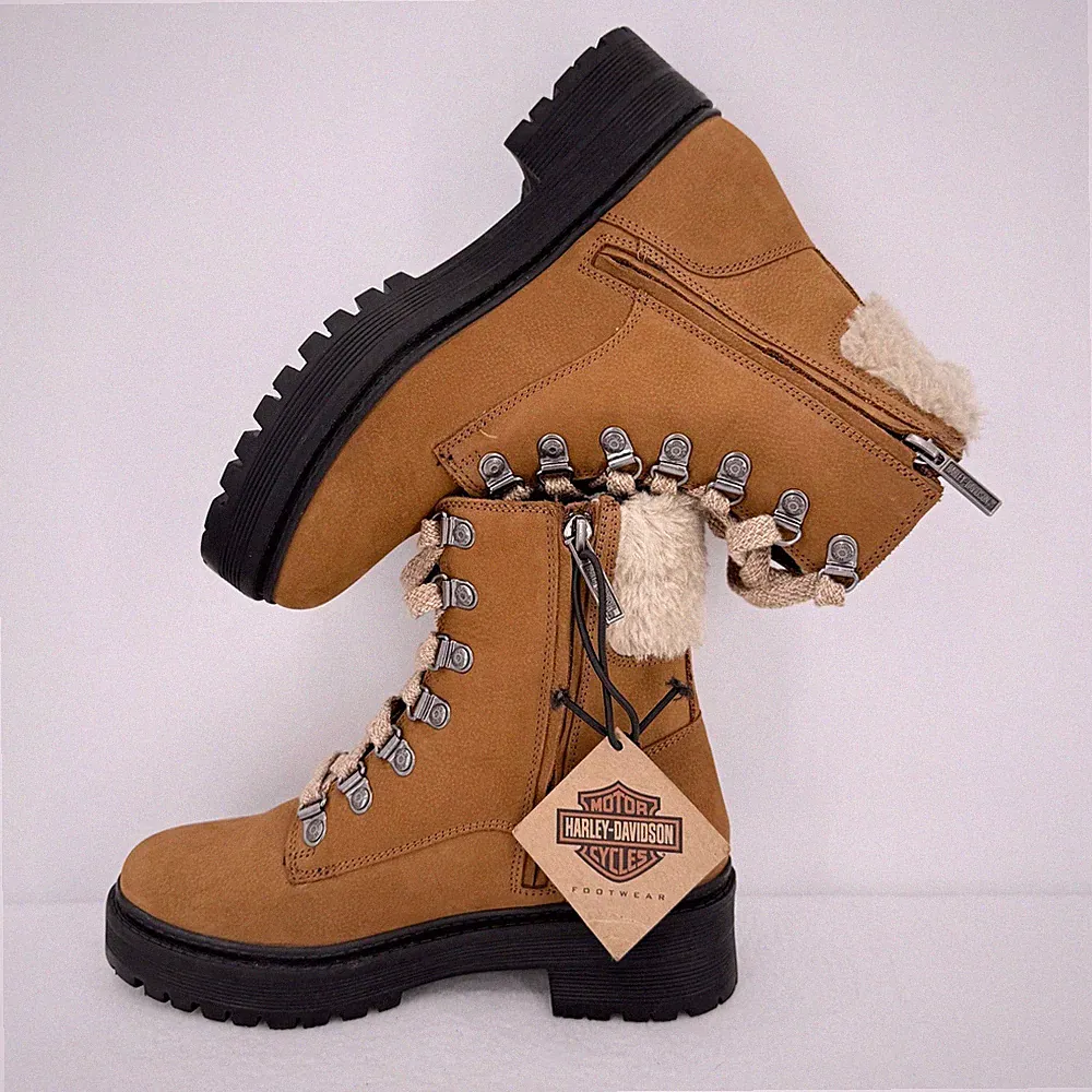 Harley-Davidson Women's Tan Leather Combat Moto Boots Size 6.5 M Faux Fur NWOB