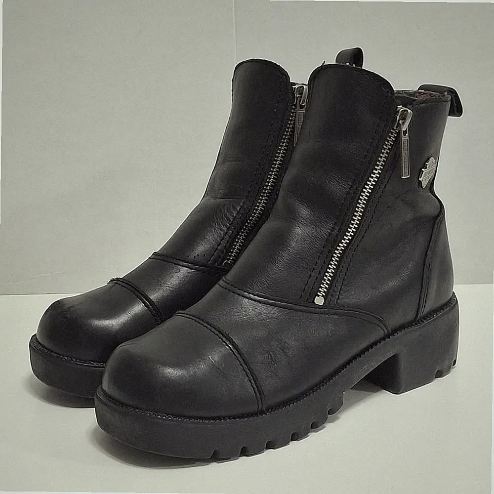 HARLEY DAVIDSON Womens 6.5 Motorcycle Boots Double Zip Starter Switch BLACK