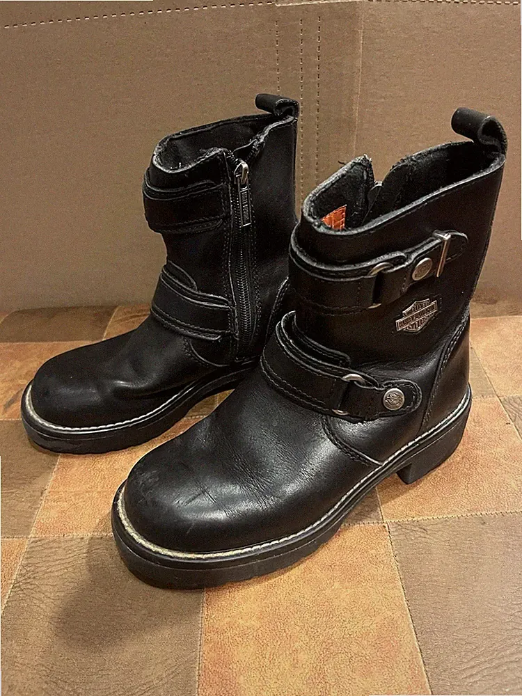 Harley Davidson Womens Leather Zip Motorcycle Boots Size 5.5 Black Buckle 84009