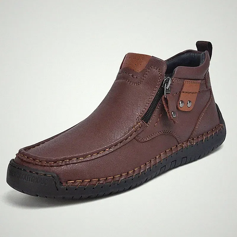 High Top Winter Men Soft Leather Boots Non-slip Sport Hiking Cotton-padded Shoes