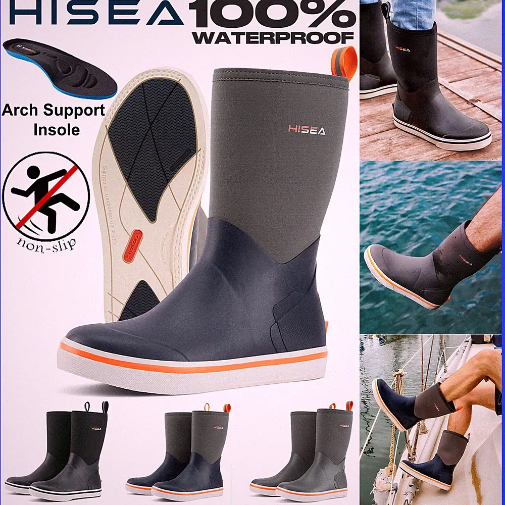 HISEA Men 11.8'' Waterproof Deck Boots Anti-Slip Camping Fishing Work Rain Boots