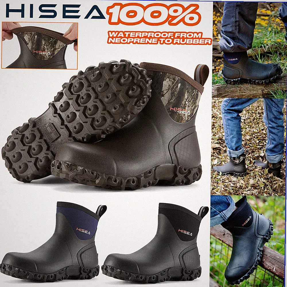 HISEA Men Ankle Rain Boots Neoprene Rubber Waterproof Non-Slip Outdoor Work Boot