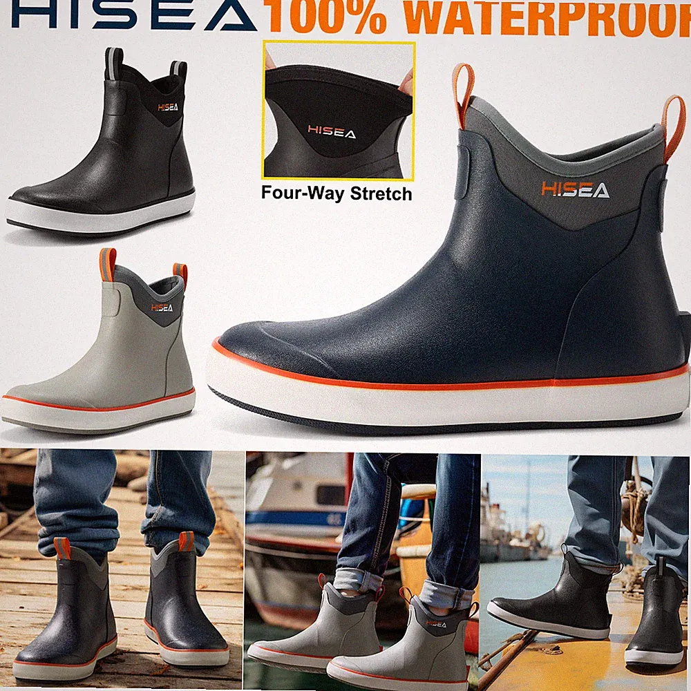 HISEA Men Deck Fishing Boots Waterproof Rain Boots Anti-Slip Cushioned Work Boot