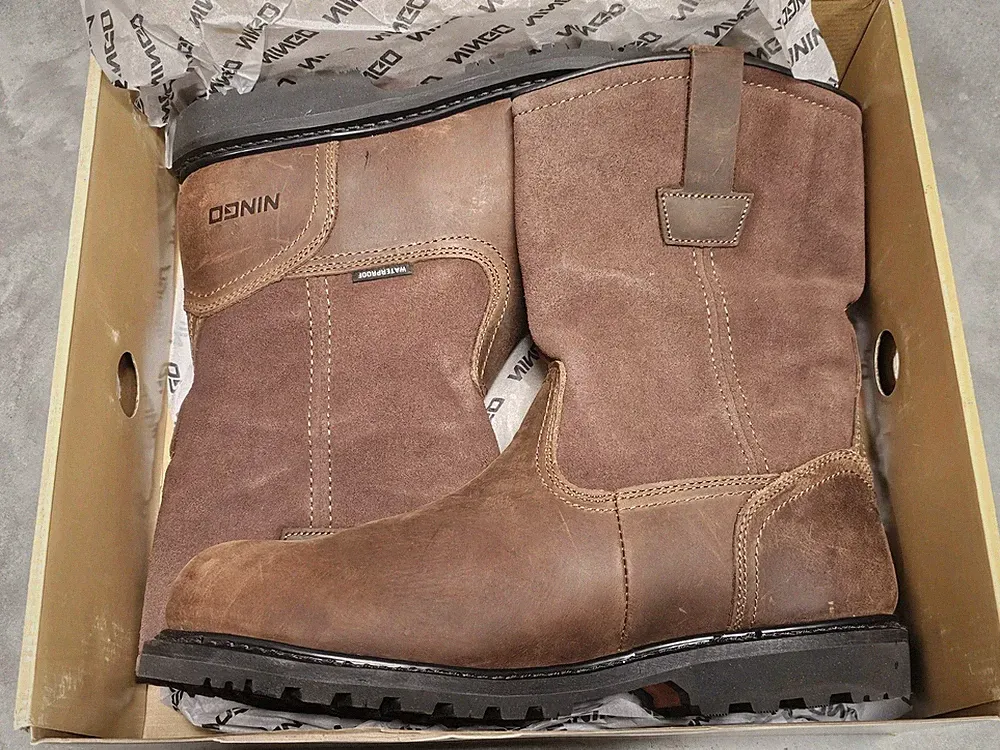 HISEA NINGO Men Steel Toe Wellington Work Boots Leather Western Cowboy Boot Sz13