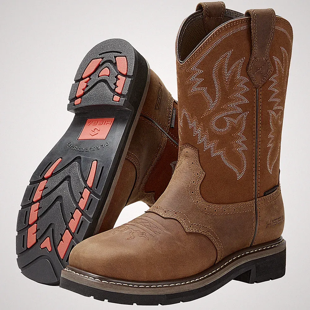 HISEA NINGO Men Steel Toe Work Boots Waterproof Square Toe Leather Western Boot
