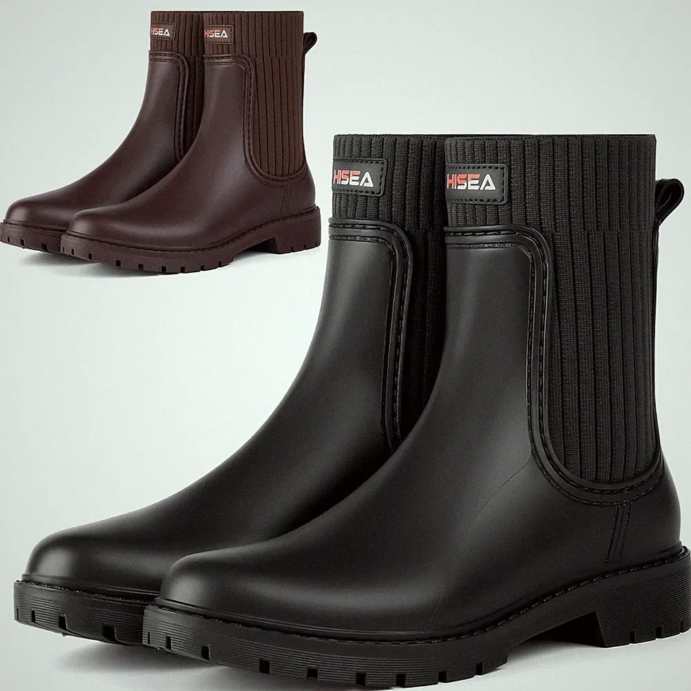 HISEA Women's Chelsea Knit Ankle Rain Boots PVC Waterproof Fashion Garden Shoes
