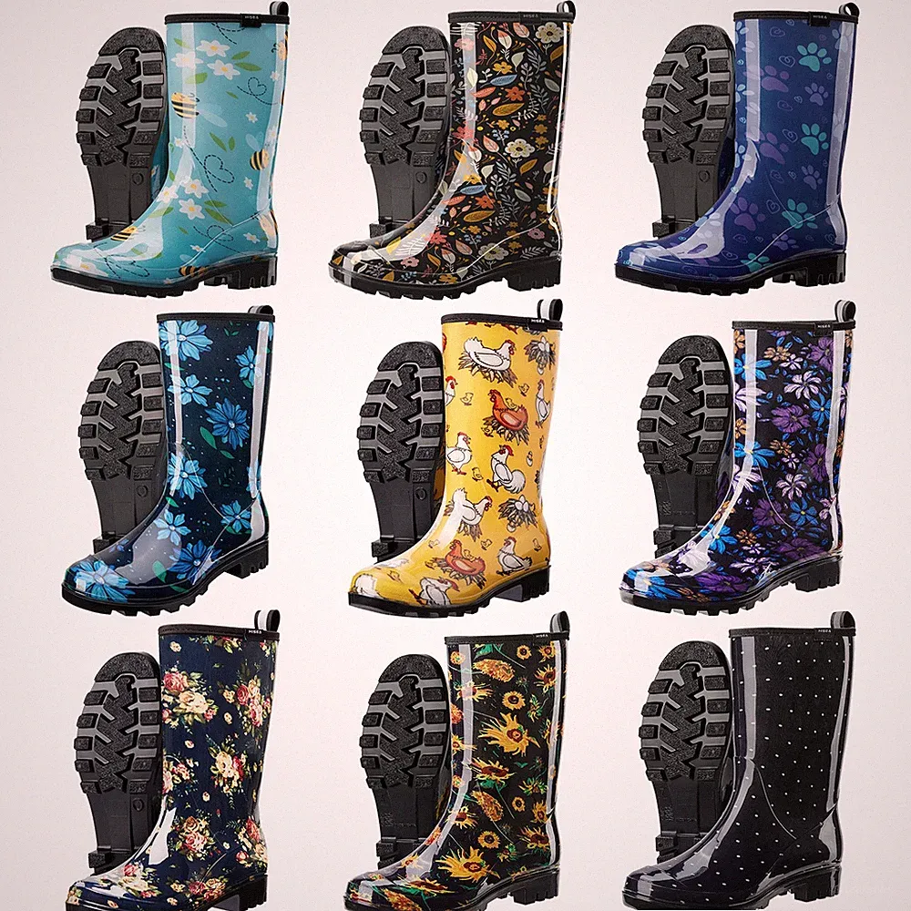 HISEA Women's Printed Rain Boots Mid-Calf Waterproof Garden Boots Glossy Wellies