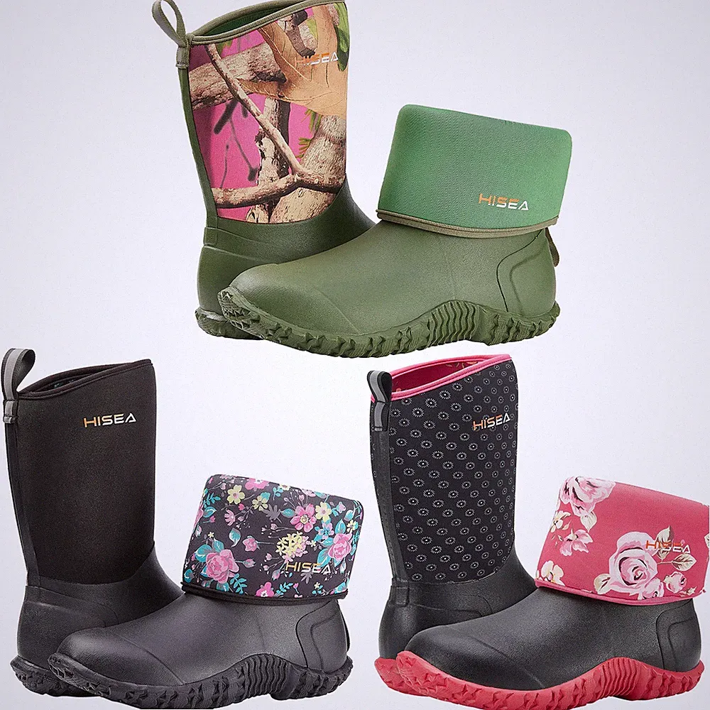 HISEA Women Waterproof Rain Boots Garden Work Boot Foldable Shaft+Printed Lining