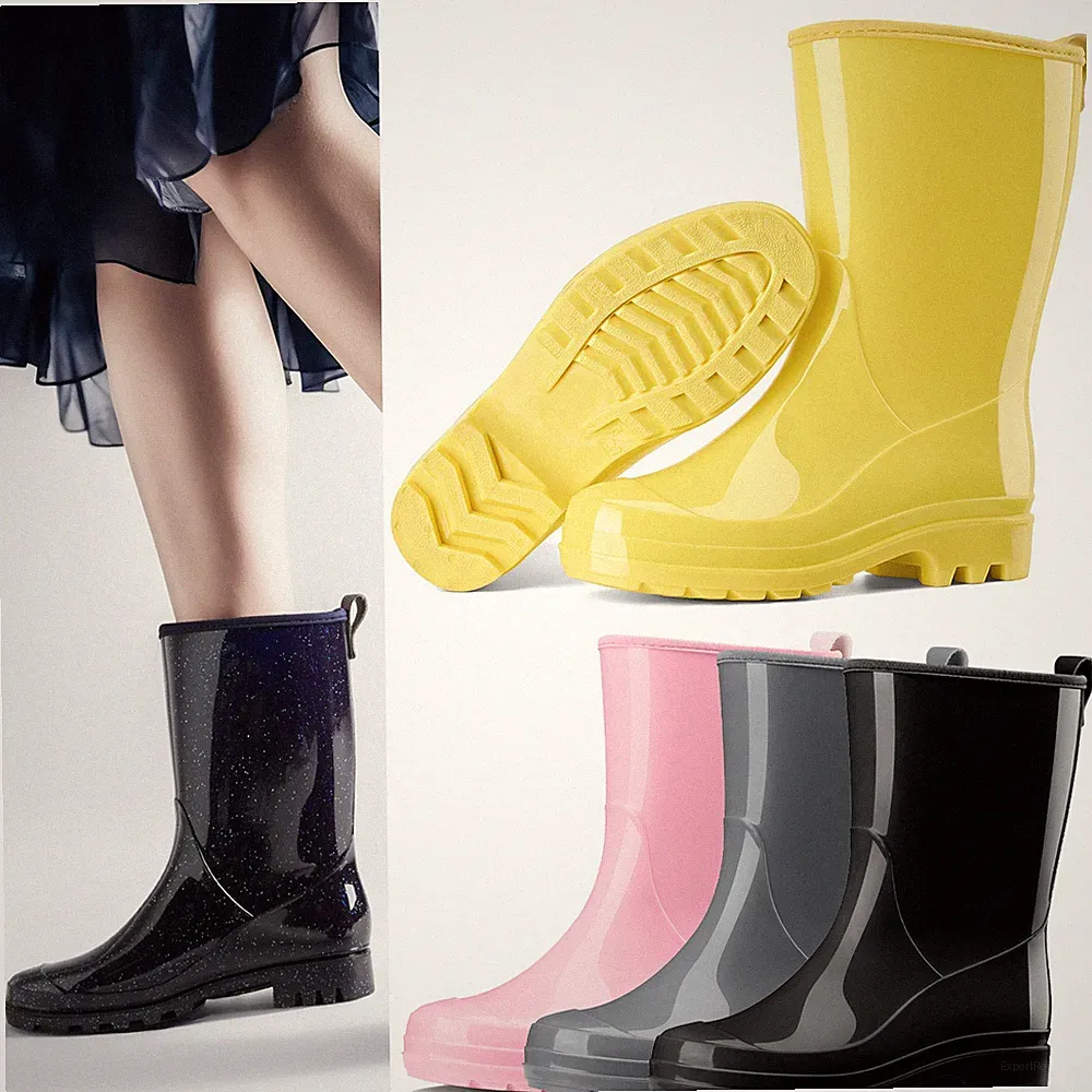 HISEA Women Waterproof Rain Boots Glossy Mid-Calf Wellies Non-Slip Garden Shoes