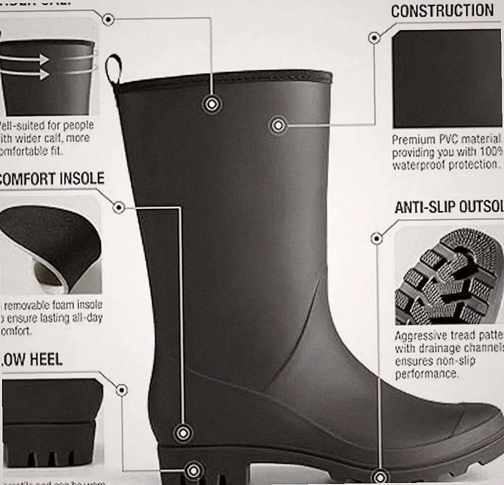 Hisea Womens Size 8 Wide Calf Black PVC Pull On Waterproof Garden Rain Boots