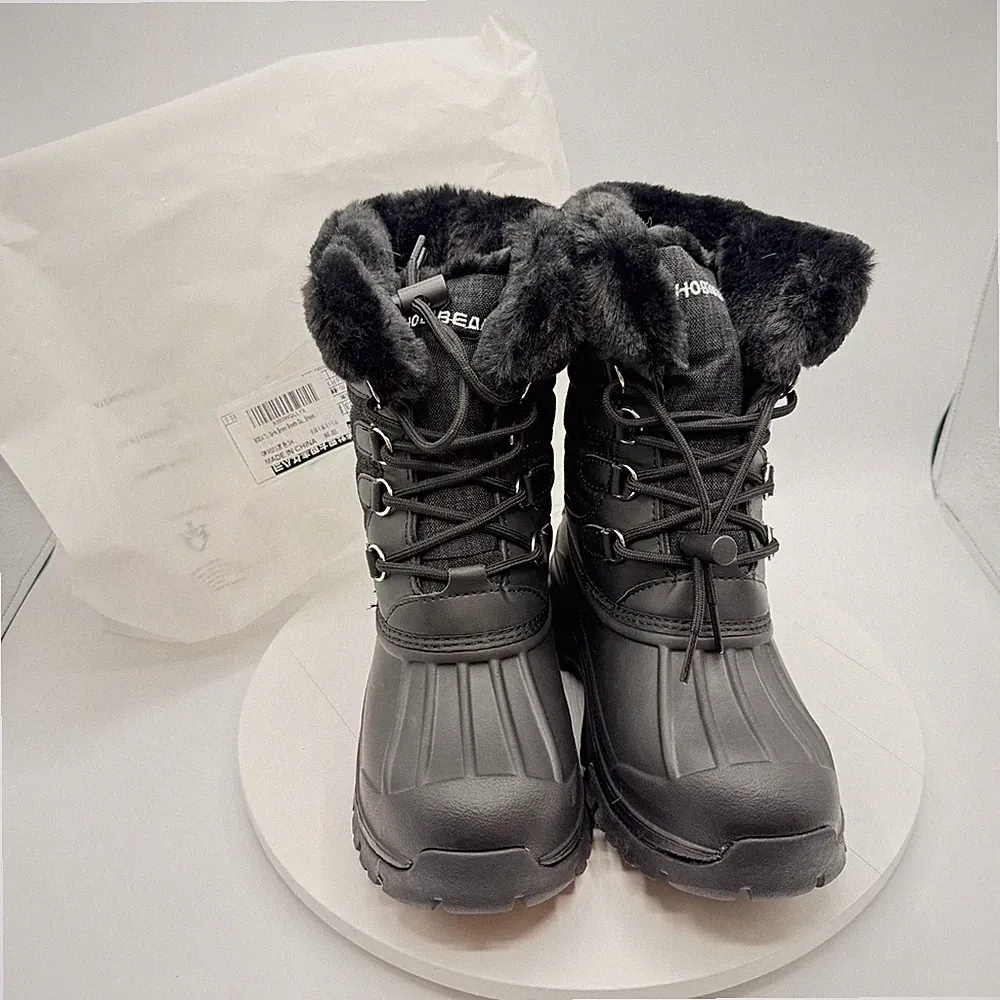 HOBIBEAR Boys US 2.5 Youth Snow Boots Black Faux Fur Fleece Winter Girls NEW