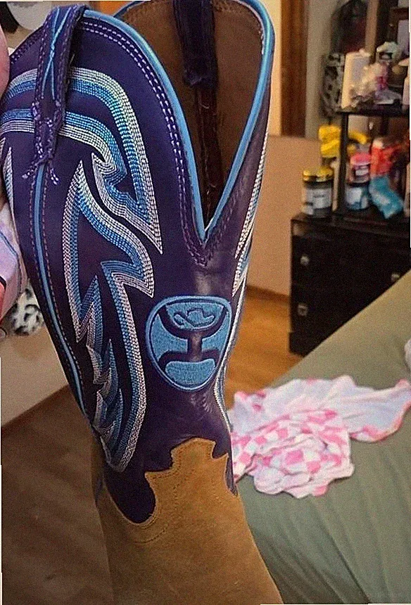 Hooey Western Equestrian Boot Purple Tan with Blue Stitching