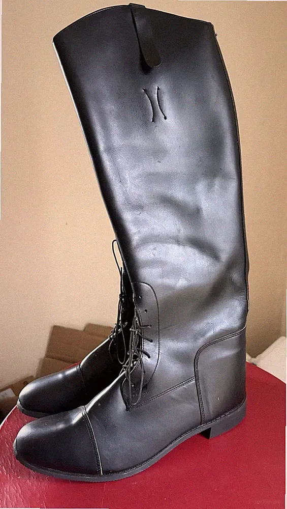 Horse Riding Boots All Leather Tall Size 12 1/2 Black Lace Tie Pull On