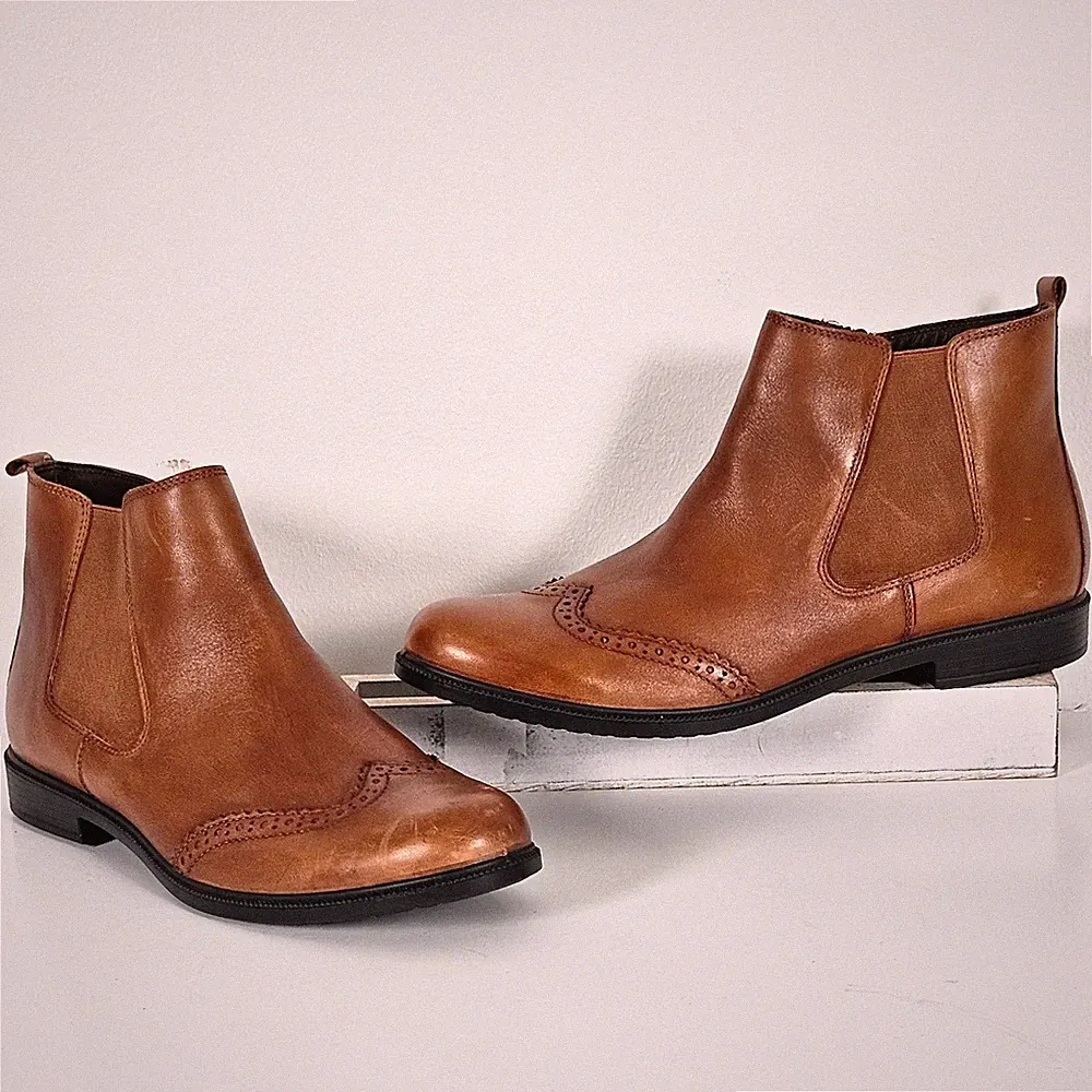 Hotter Tan Leather Brogue Wingtip Chelsea Ankle Boots Side Zip Womens 11