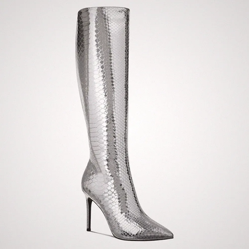 INC Women's Rajel Extra Wide Calf Stiletto Heel Boots Silver Snake Size 7 1/2 W