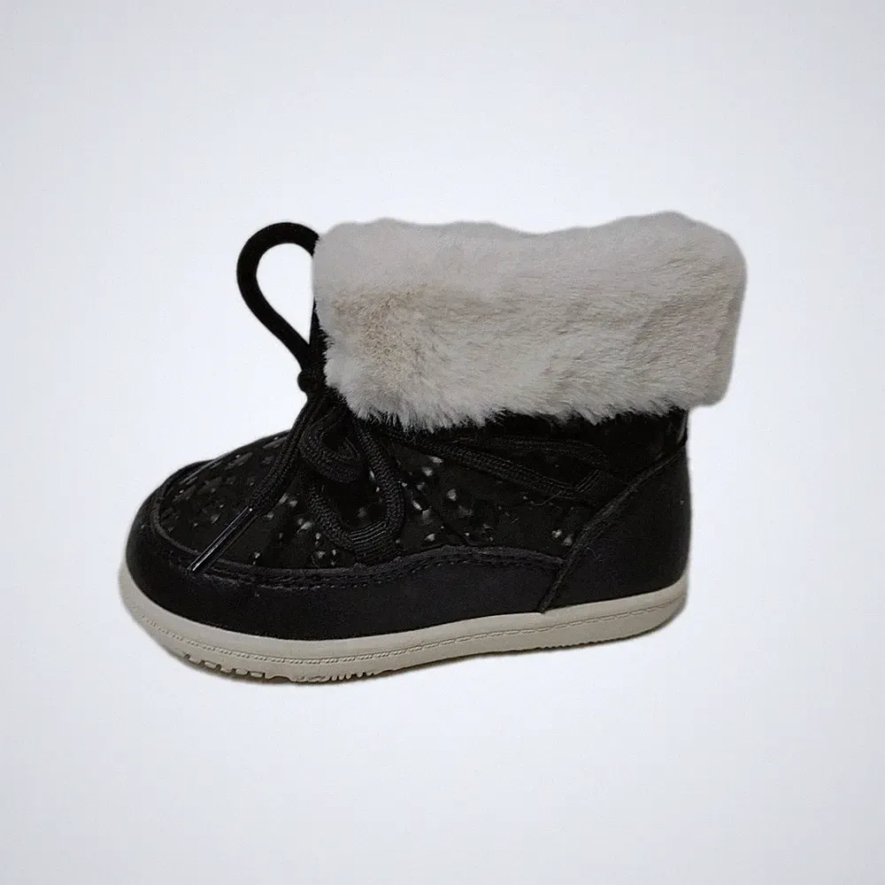 Infant Size 12 To 18 Months Snow Boots Black Zip Side Faux Fur Line