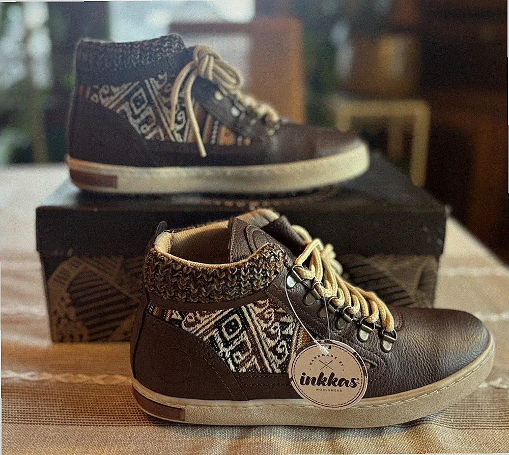 Inkkas Brown Vegan Leather Camping Boot Peruvian Print Knitted Wmn 10 EU 41 NWB