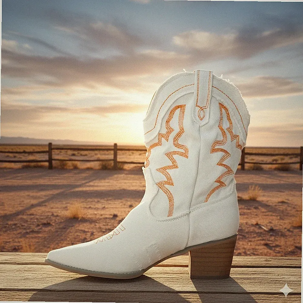J. Adams White Western Boots Orange Stitching Block Heel Pointed Toe Size 9