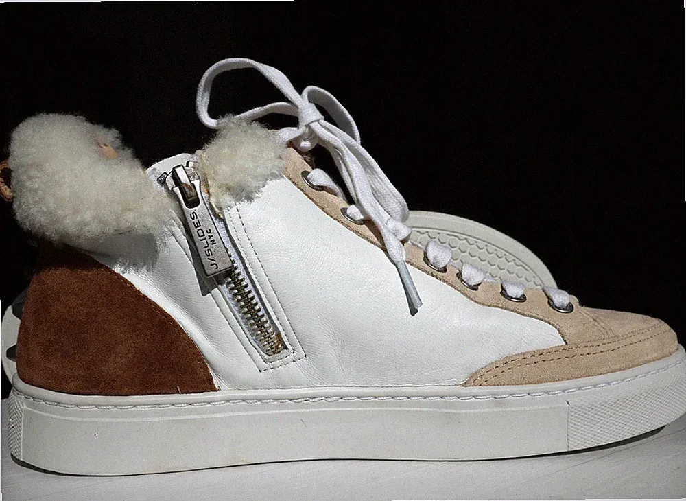 J/Slides NYC Leslie Leather Suede Mid Top Sneaker Boot Shearling Studded White 8