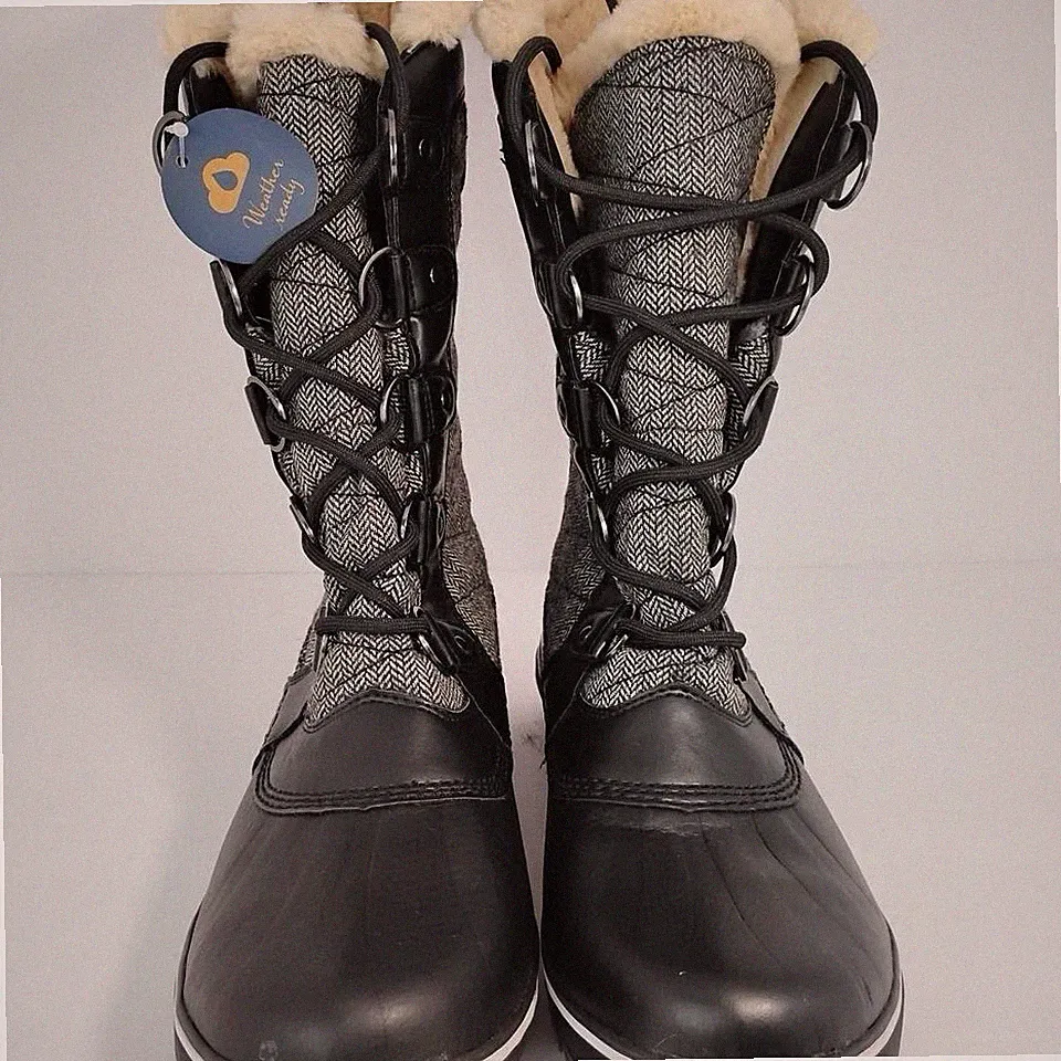 JBU Lorna Mid-Calf Black Grey Faux Fur Lined Lace Up Boots Women’s Size 10